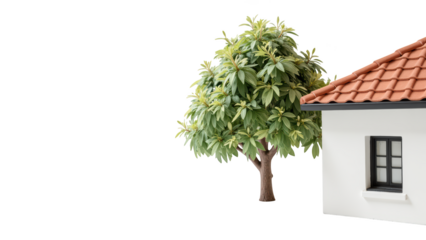 Cozy house with tiled roof and lush green tree nearby creates serene outdoor atmosphere