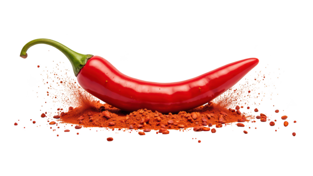 Fresh red chili pepper with vibrant color, surrounded by chili powder, showcasing its spicy essence and culinary appeal
