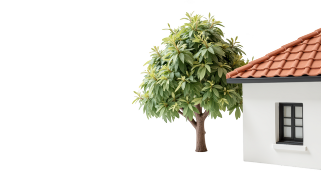 Cozy house with tiled roof and lush green tree nearby creates serene outdoor atmosphere