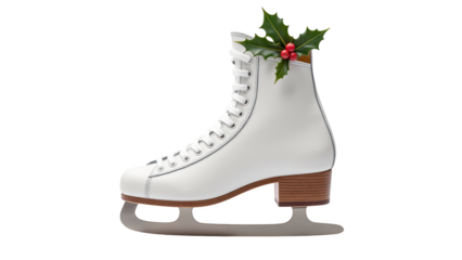 Stylish white ice skate adorned with holly and berries, perfect for winter festivities and holiday cheer