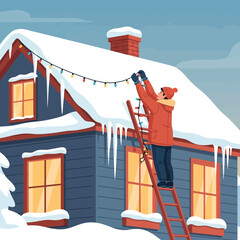 Hanging festive Christmas lights on snowy house for holiday cheer