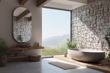 Fototapeta premium Modern bathroom features a soaking tub and stone wall with mountain views.