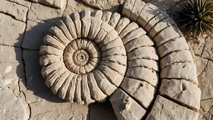 Obraz premium Fossilized Ammonite, Beige Stone Texture, Close-up View. A beautiful fossil from the Jurassic period, ideal for educational or geological purposes