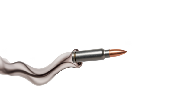 Bullet with copper tip emerges from smoky trail, symbolizing speed and precision. image captures dynamic moment, evoking sense of action