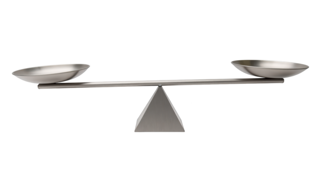 Sleek, modern balance scale with two shallow bowls, designed for precision weighing. metallic finish adds contemporary touch to any setting