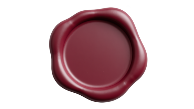 Round, deep red wax seal with wavy edge, often used for formal letters or documents, conveying sense of tradition and authenticity