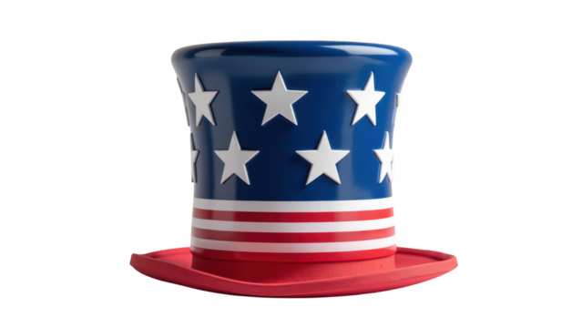 Patriotic top hat featuring red, white, and blue colors with stars and stripes, symbolizing national pride and celebration