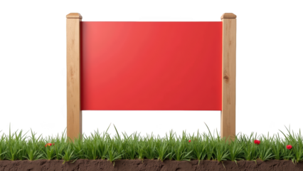 Blank red sign on wooden posts surrounded by green grass and soil, perfect for advertising or decoration