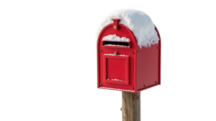 Bright red mailbox covered in snow stands on wooden post, creating charming winter scene. snow adds cozy touch to vibrant color