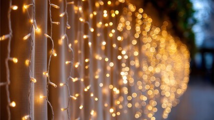 Adventurous Warm Golden Lights Illuminate a Festive Scene on a Curtain Background Creating a Magical and Cozy Atmosphere for Celebrations