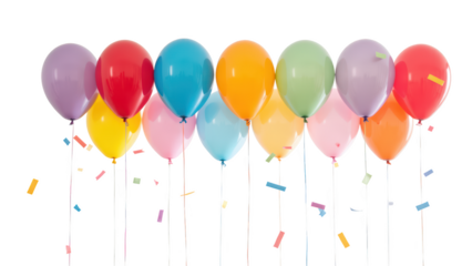 Colorful balloons in various shades float against transparency background, creating festive atmosphere with scattered confetti