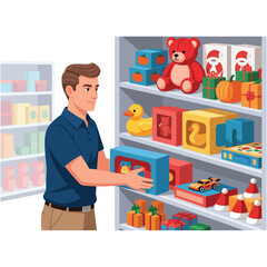 Handsome man shopping for toys in a store for Christmas gifts