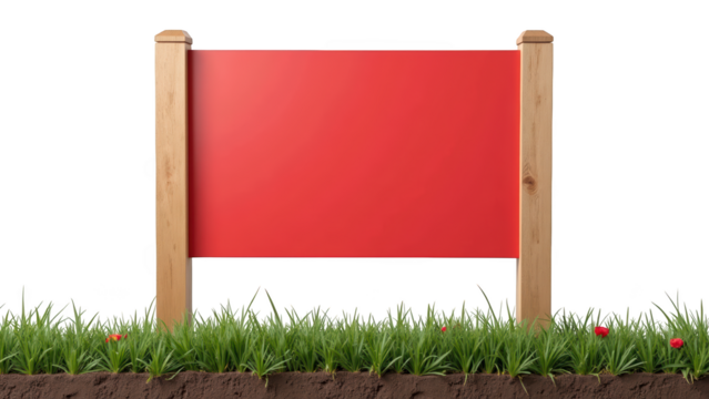 Blank red sign on wooden posts surrounded by green grass and soil, perfect for advertising or decoration