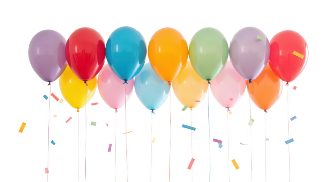Colorful balloons in various shades float against transparency background, creating festive atmosphere with scattered confetti