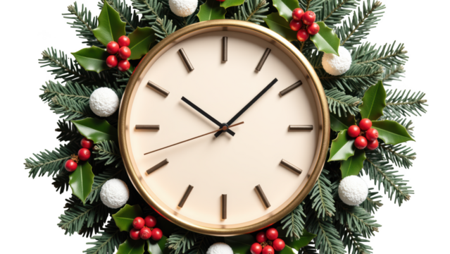 Decorative clock surrounded by festive greenery, holly leaves, and red berries creates cheerful atmosphere. Perfect for holiday decor