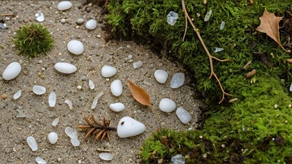 Hail and Moss Close-Up: White Hailstones, Green Moss, and Autumn Leaves on a Sandy Surface, perfect for illustrating Weather Phenomena
