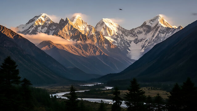 Majestic snow-covered mountains at sunrise with a river flowing through a lush valley, creating a peaceful and dramatic natural landscape.