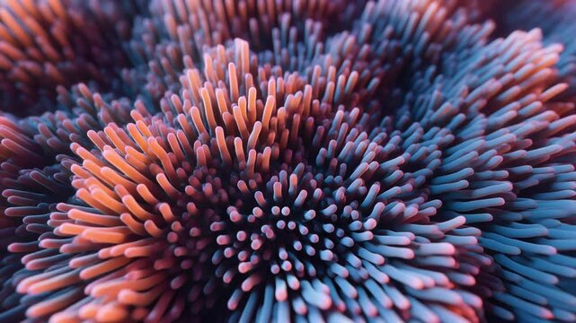 Dynamic abstract coral reef animation with vibrant orange and blue hues, mesmerizing