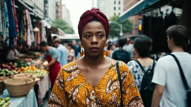 Woman strolls through bustling market crowd. Market stalls display various fruits and vegetables. Urban setting with diverse shoppers. City life buzz surrounds vendor stalls. Busy street market