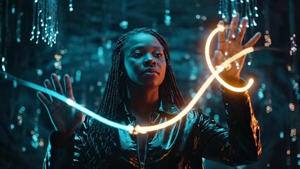 Woman controls magic light with hands in neon cave. Futuristic woman creates glowing energy. Magic power flows between hands. Woman with braids uses futuristic magic. Neon lights surround mystic woman - Powered by Adobe