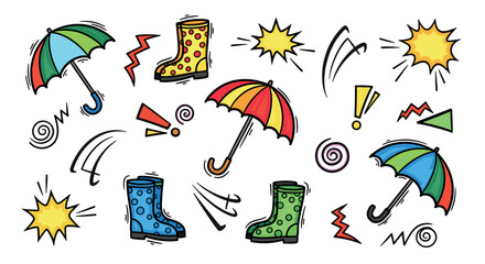 Colorful collection of hand-drawn doodle illustrations featuring playful umbrellas, polka dot rain boots, and various comic-style weather symbols like lightning and sunbursts