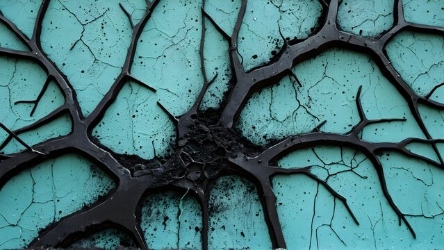Abstract Black Veins on Turquoise, Cracked Paint Texture, creating a striking visual for artistic backgrounds