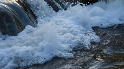 A close-up texture of rushing water with white foam. Dynamic and energetic