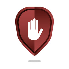Stop hand signal. Red shield icon. Block palm symbol. Vector security gesture.