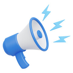 Cute 3D blue and white megaphone with lightning sound waves. Playful cartoon megaphone in blue with loud sound effects, ideal for promotion, alert, and social media graphics.