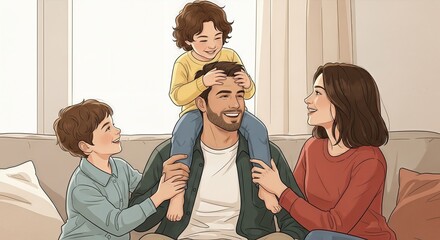 A heartwarming cartoon illustration of a family enjoying a pleasant moment together at home