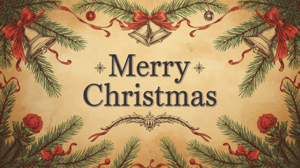 Vintage Christmas Greeting Card with Holly Wreath Border, Bells, and Red Ribbons on Aged Paper
