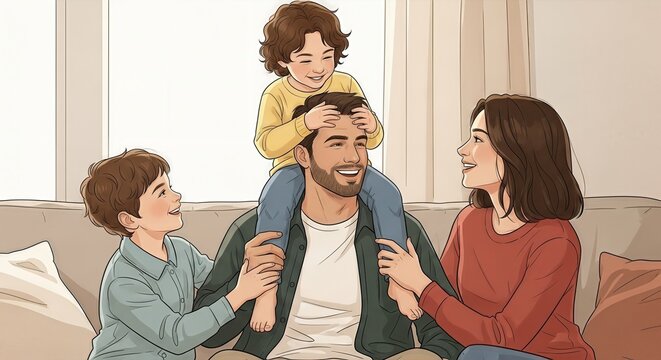 A heartwarming cartoon illustration of a family enjoying a pleasant moment together at home