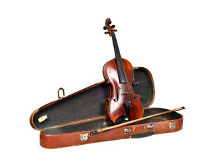 A vintage violin and bow are in a case