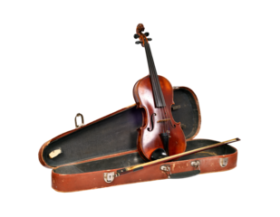 A vintage violin and bow are in a case