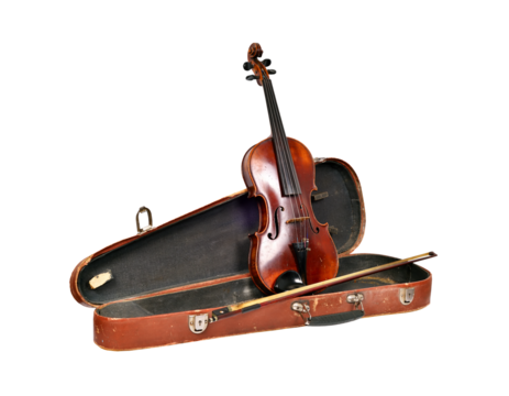 A vintage violin and bow are in a case