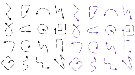 Collection of dotted outline arrows in various directions for graphic design and presentations to indicate movement and direction for user interfaces