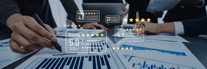 A business team collaborates to analyze financial reports with performance ratings. The scene captures hands engaging with charts and feedback symbols for improved strategy. Trope