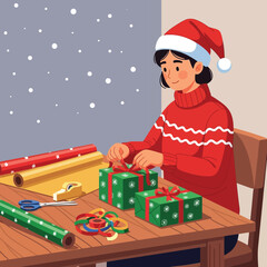 Joyful woman wrapping gifts for Christmas in cozy festive atmosphere