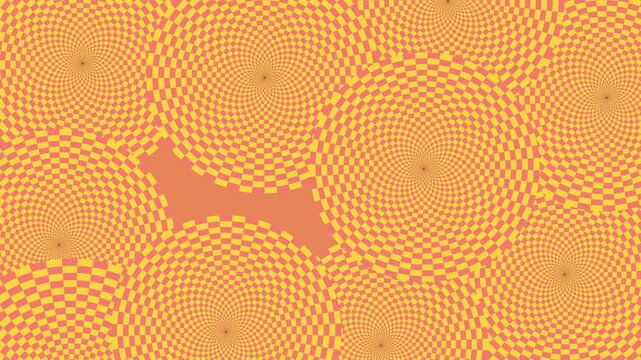 4K footage popped circular tunnel rectangular orange yellow rotating, checker board 3d animation, optical illusion loop footage abstract background 