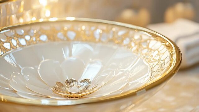 Video A decorative bowl with golden and white colors featuring a single flower arrangement, suitable for various occasions and themes