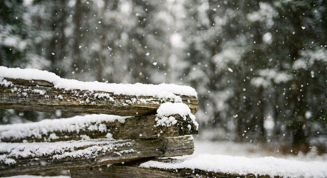 Fresh snow on wooden fence rails with soft falling flakes