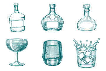 engrave isolated drink set vector illustration. Scotch, brandy or liquor alcohol drinks. Bar menu design elements. Eps 10