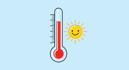 An illustration depicting hot weather with a thermometer showing a high temperature and a smiling sun on a light blue background.