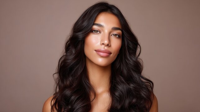 Beautiful woman with long wavy hair and natural makeup posing against neutral background, showcasing flawless skin and confident expression for beauty concepts