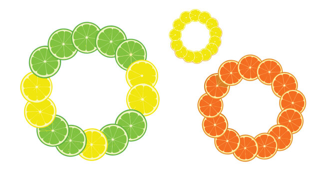 Vibrant circular arrangements of fresh lime, lemon, and orange fruit slices, perfect for a refreshing and healthy design theme.