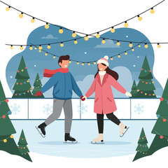 Happy couple ice skating together on a winter date under festive lights