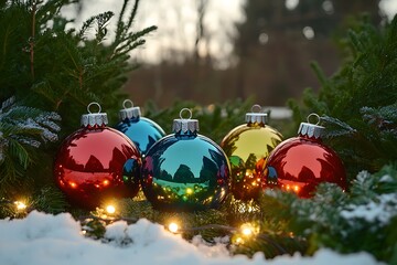 Holiday decorations featuring colorful ornaments and twinkling lights on a winter evening surrounded by greenery.