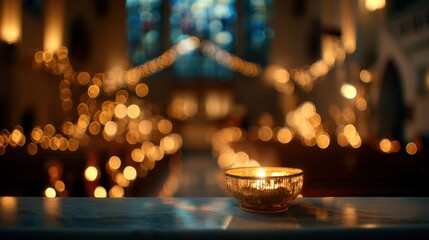 In a charming church warm candlelight fills the space casting gentle reflections on the marble altar. Twinkling lights enhance the peaceful ambiance during an evening service.