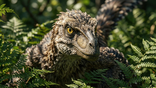 Detailed Close-up of a Feathered Velociraptor Hiding in Ferns - Powered by Adobe