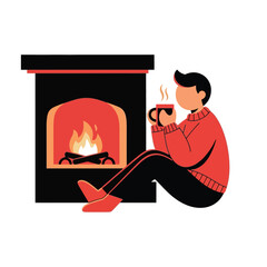 Relaxing by a warm fireplace with a steaming cup during winter season
